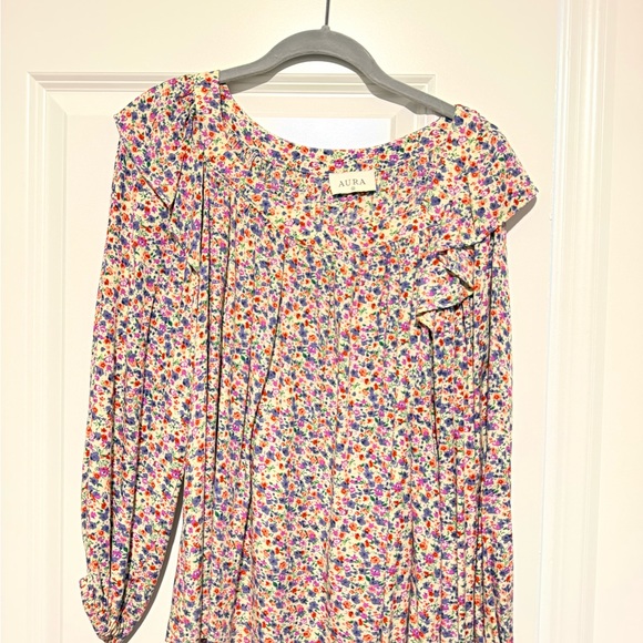 Aura Tops - Aura Floral Long-Sleeve Blouse in Cream with Purple, Green & Orange Flower Print